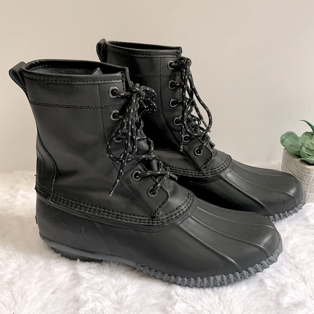 LANDS’ End mens black leather waterproof mid-calf duck boots 490642